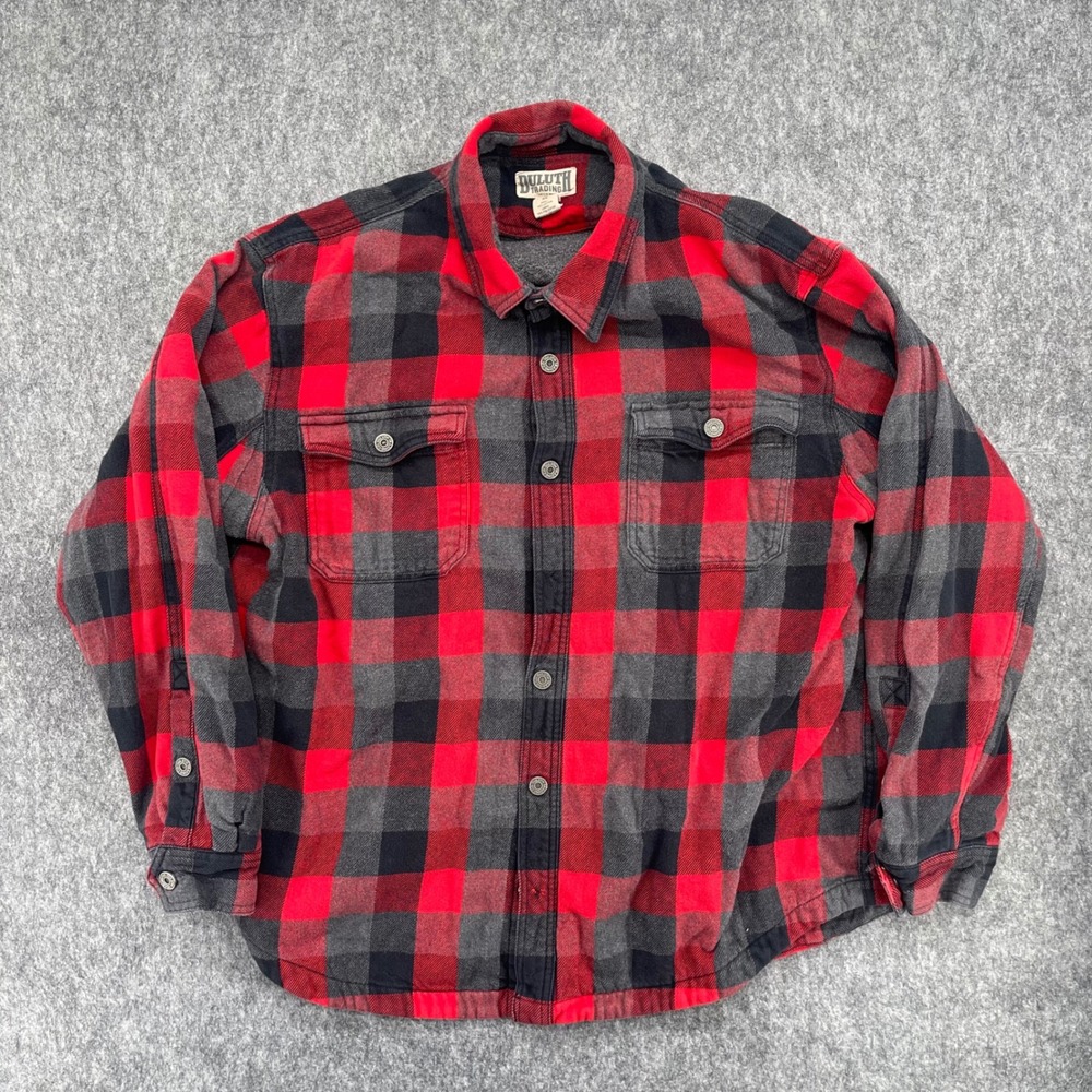 Duluth Trading Co Jacket Mens XL Fleece Lined Shirt Red Black Buffalo Check